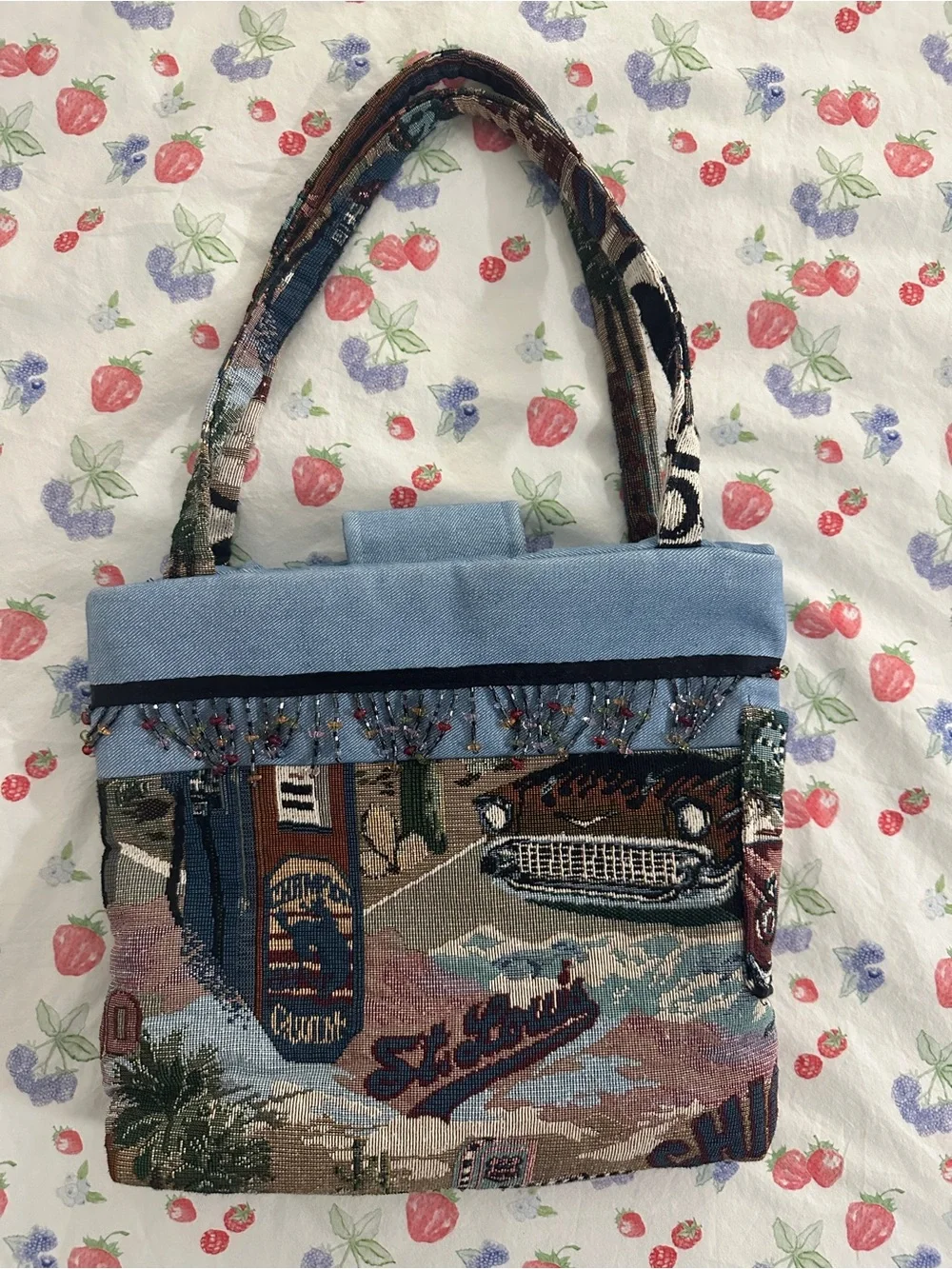 Handmade vintage Route 66 tapestry small tote bag